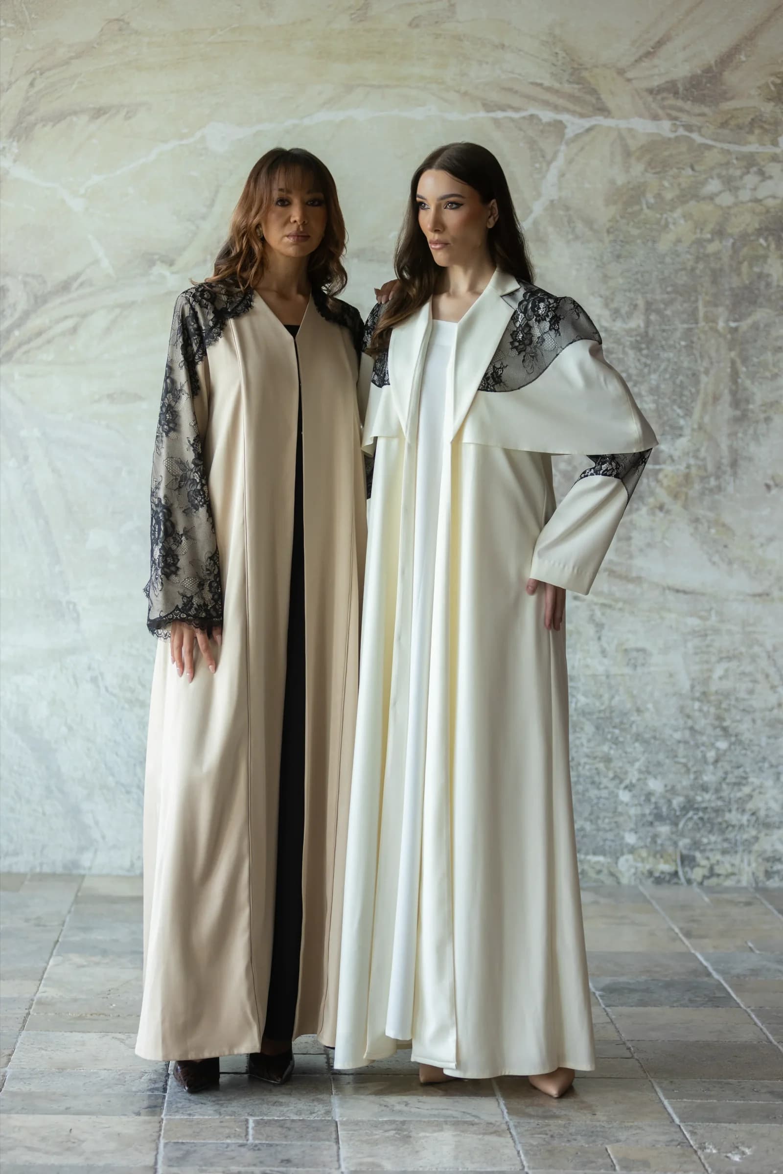Pearelle campaign models in embroidered neutral clothing