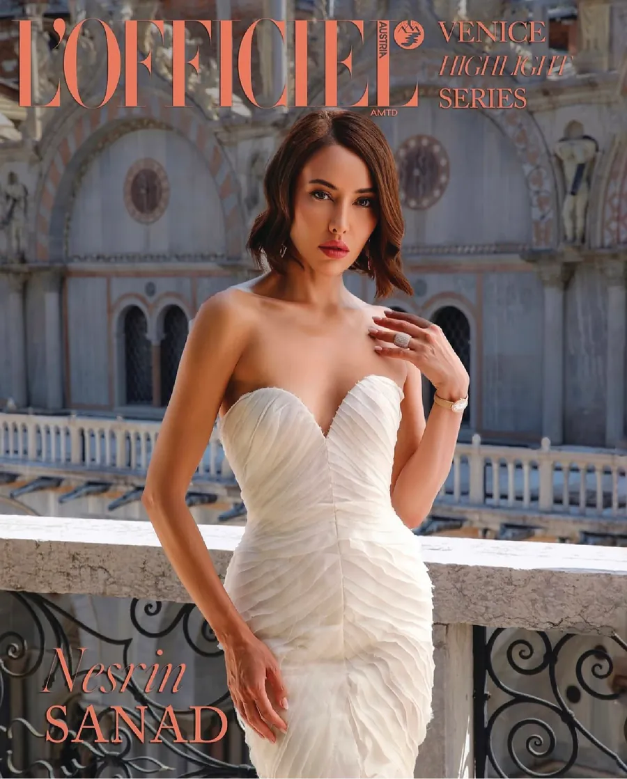 L'Officiel Austria Venice Highlight Series cover with Nesrin Sanad in a white gown