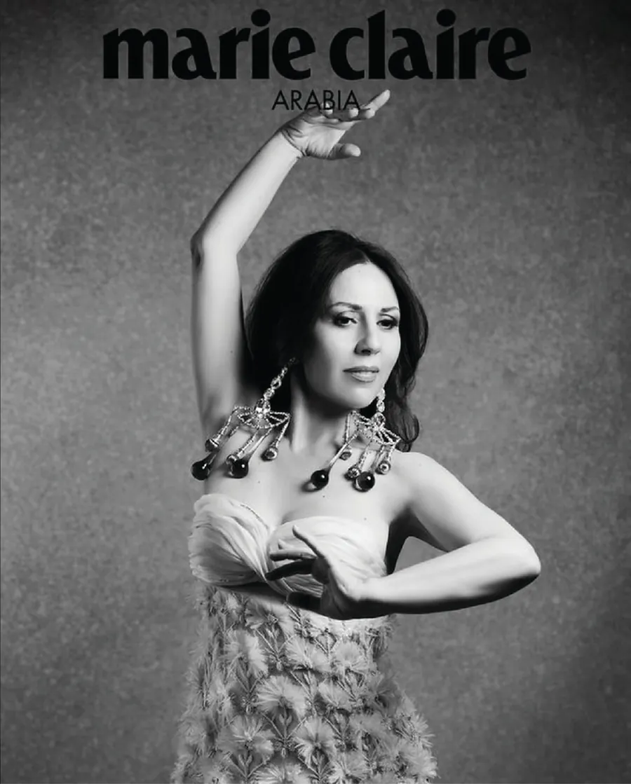 Marie Claire Arabia cover, black-and-white portrait with statement earrings