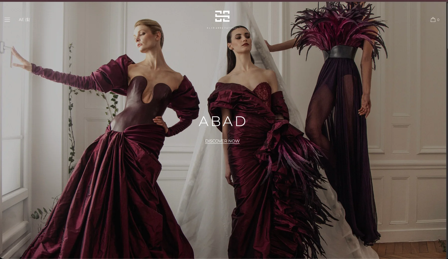 Elio Abou Fayssal website presenting the Abad collection with three models in burgundy couture