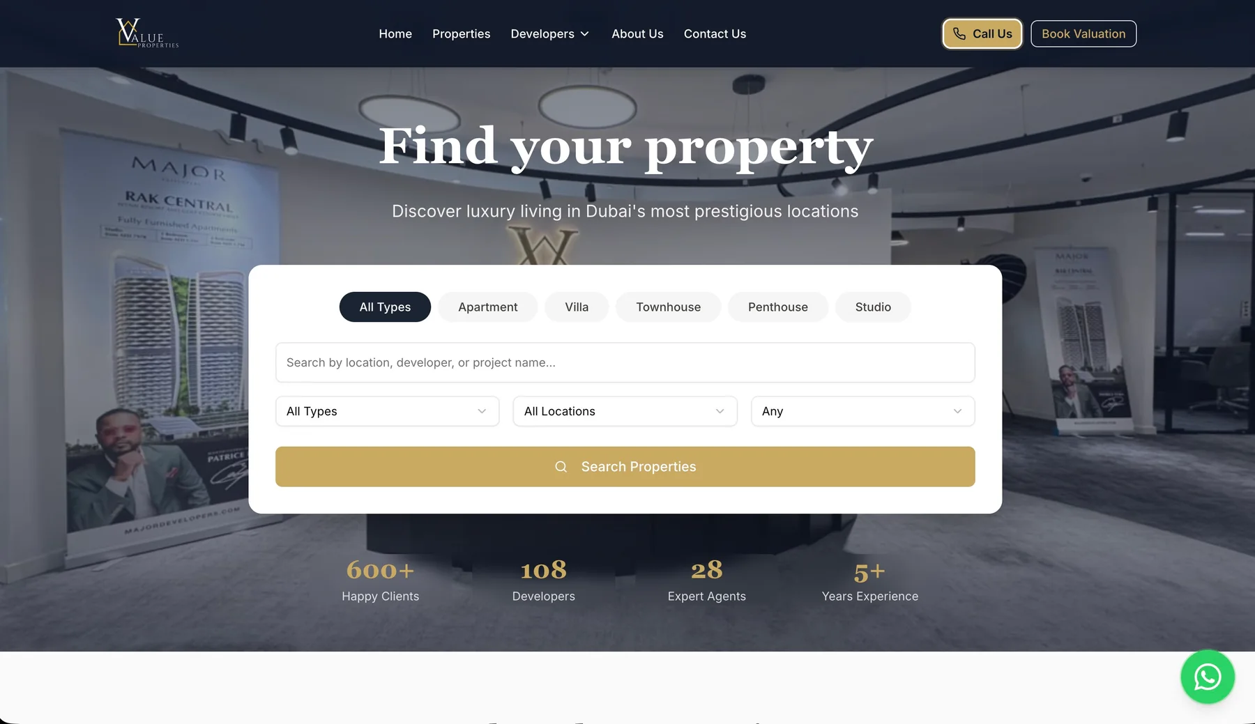 Value Properties website homepage with property search