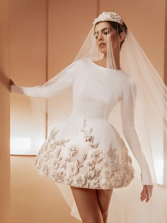 Elio Abou Fayssal bridal mini dress with a long veil