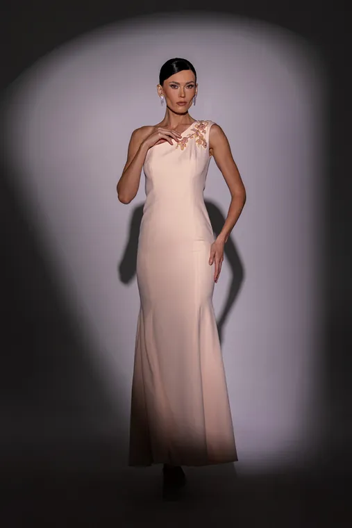 Li Luce blush gown with a draped shoulder