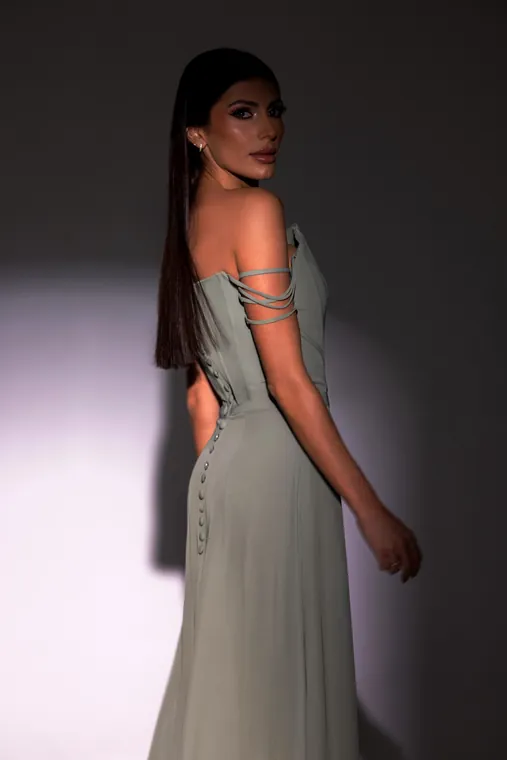 Li Luce sage gown with an open back, under a spotlight