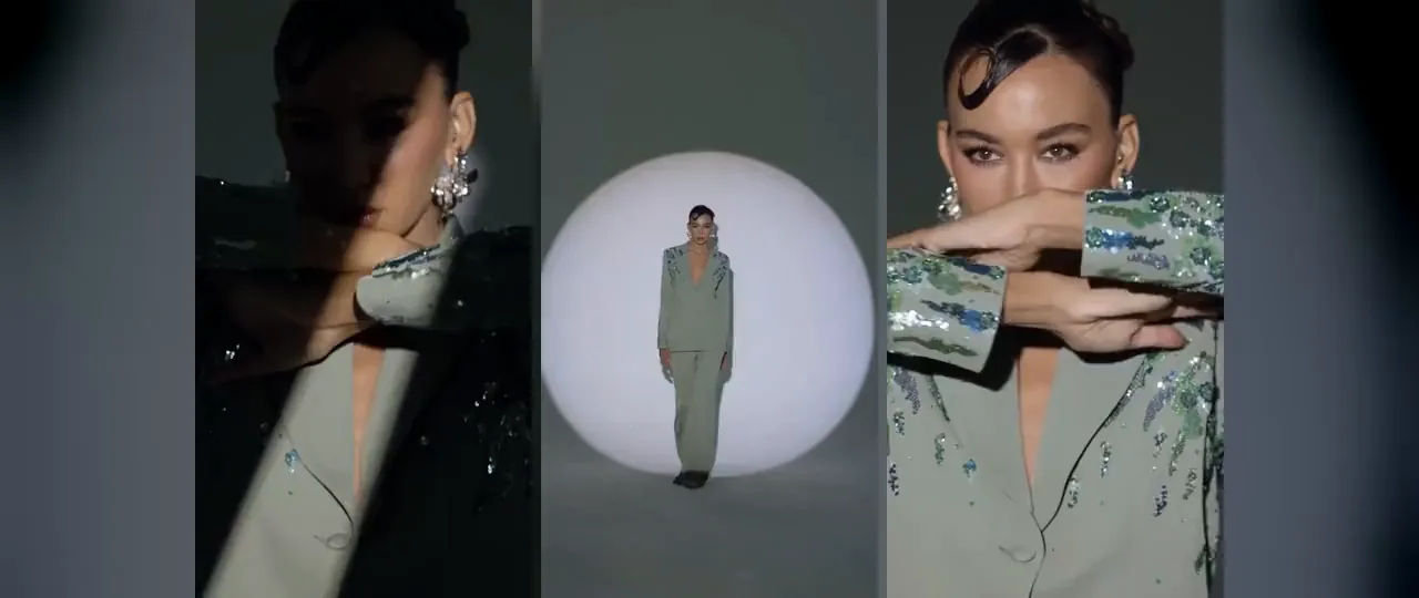 Li Luce collection film cut as three social reels: a model in the embroidered sage suit, walking into a circle of light and in close-up