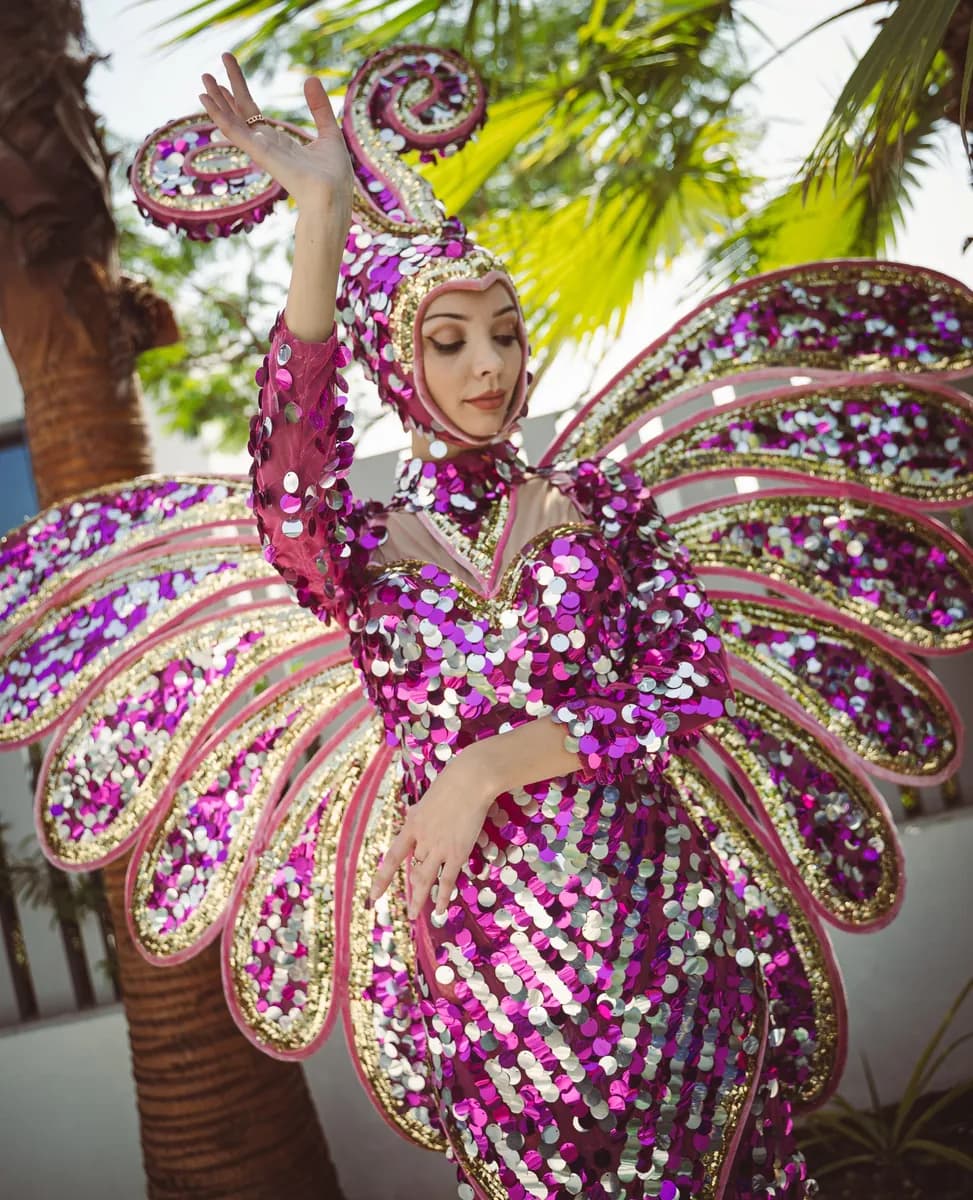 Performer in a sequinned butterfly costume at a Moements event