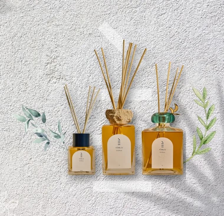Verbleu reed diffusers in soft shadow with eucalyptus