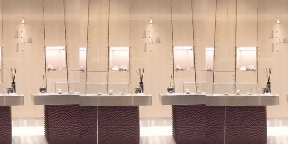 Dina J Jewelry boutique after the rebrand: the new logo on the wall above the display cases