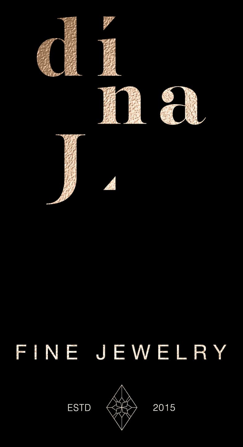 Dina J Fine Jewelry logo in rose gold foil, with the main emblem and ESTD 2015