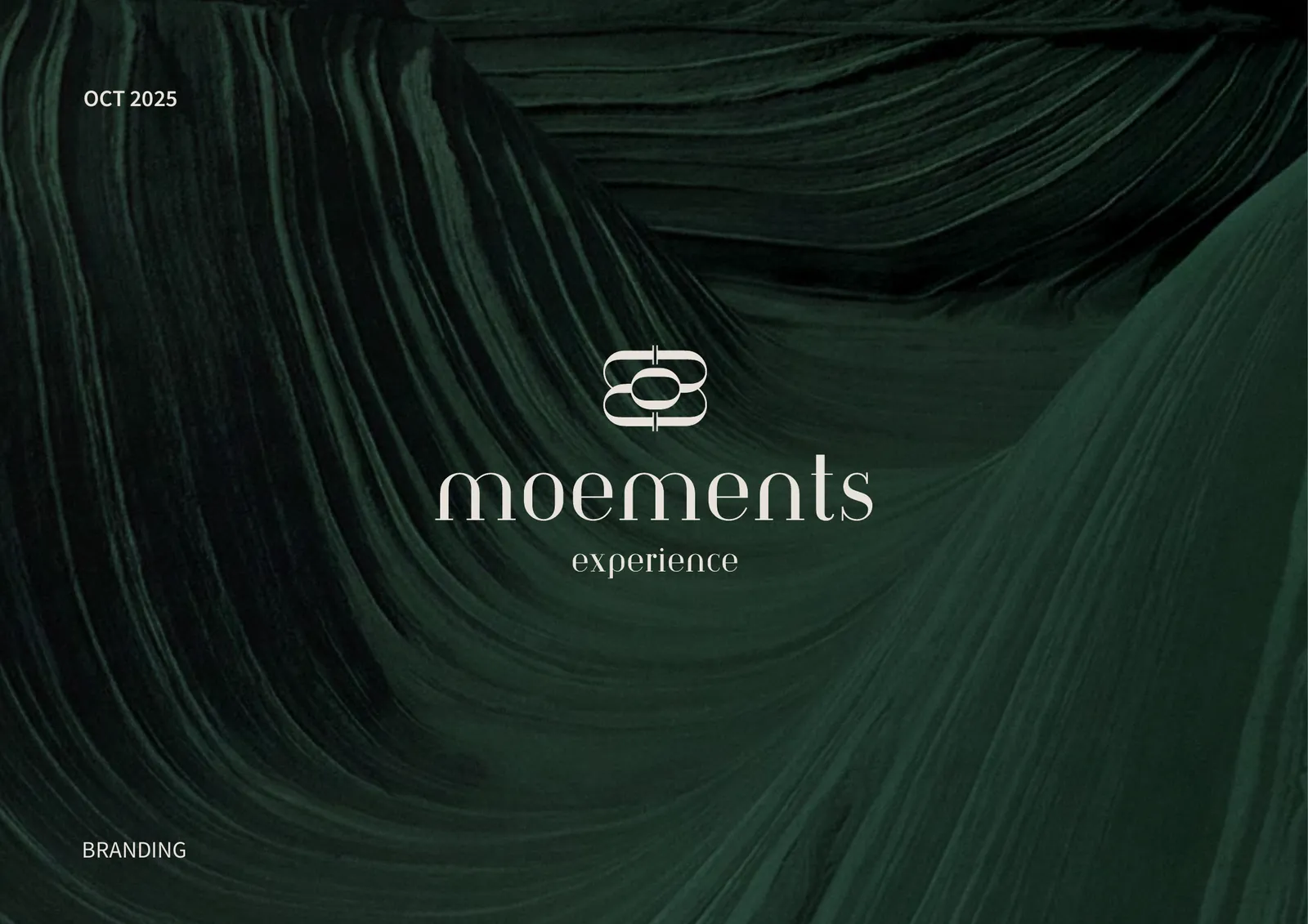 Moements brand book cover with the logo on deep green waves