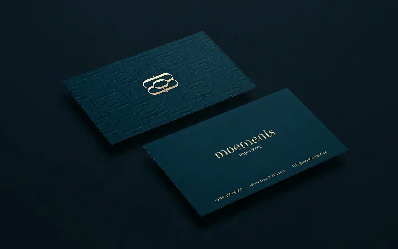 Moements business card option 1: gold foil emblem on azure teal with an embossed pattern