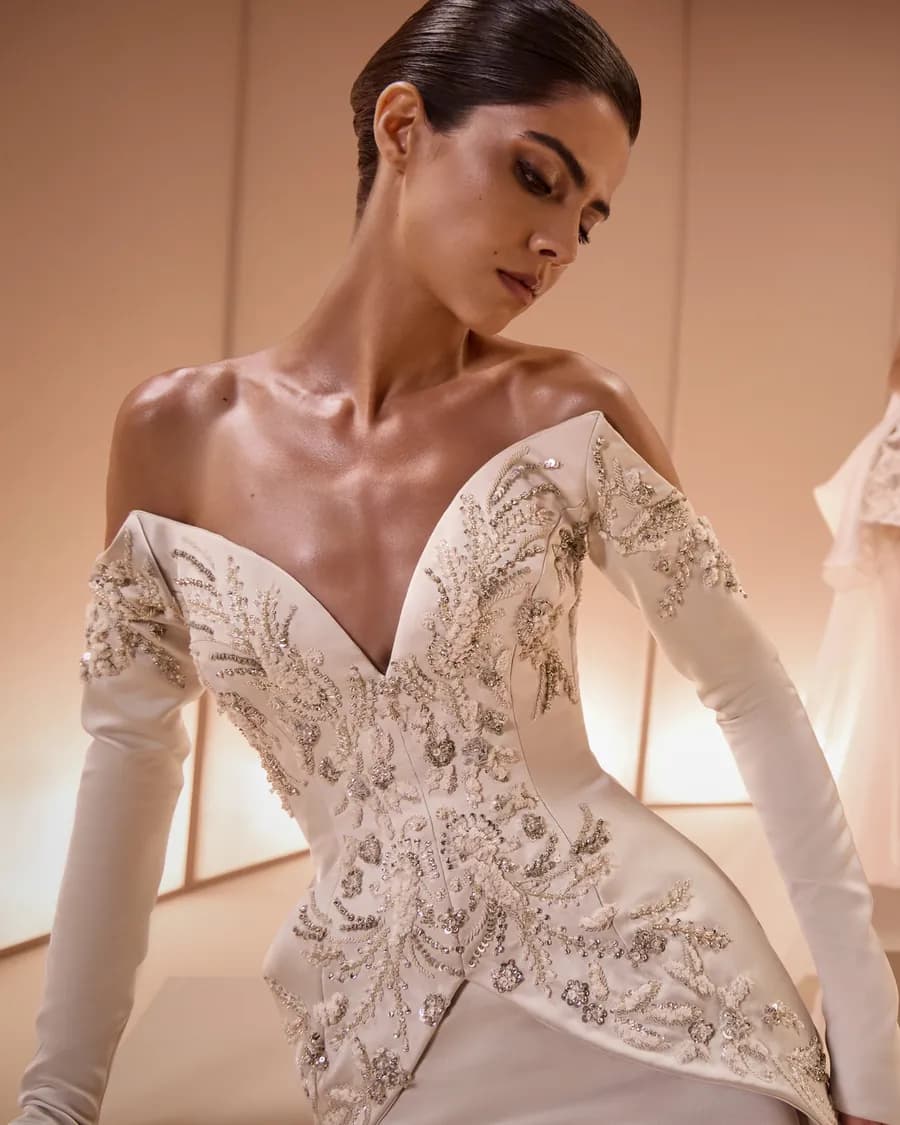 Elio Abou Fayssal: an embroidered off-shoulder couture gown